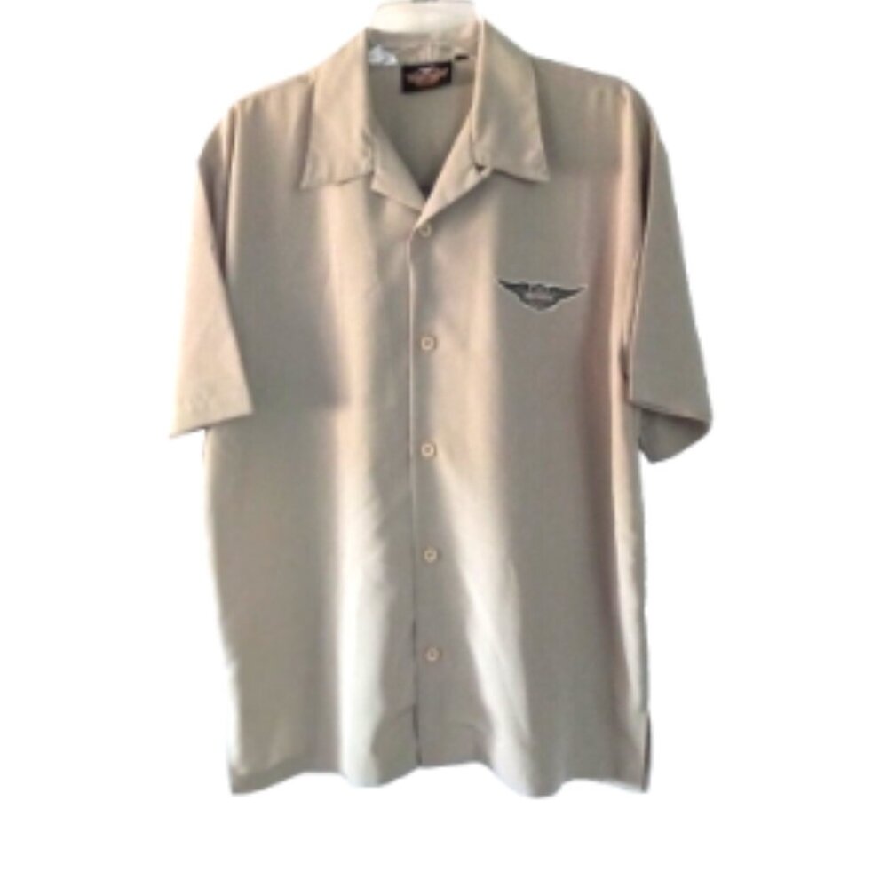 Harley-Davidson Men’s Camp Shirt Small Tan Vintage Motorcycle Back Graphic